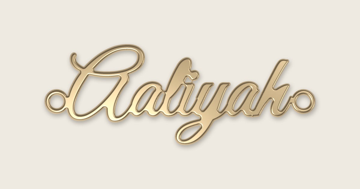 Aaliyah name necklace in 14k yellow gold, classic script lettering