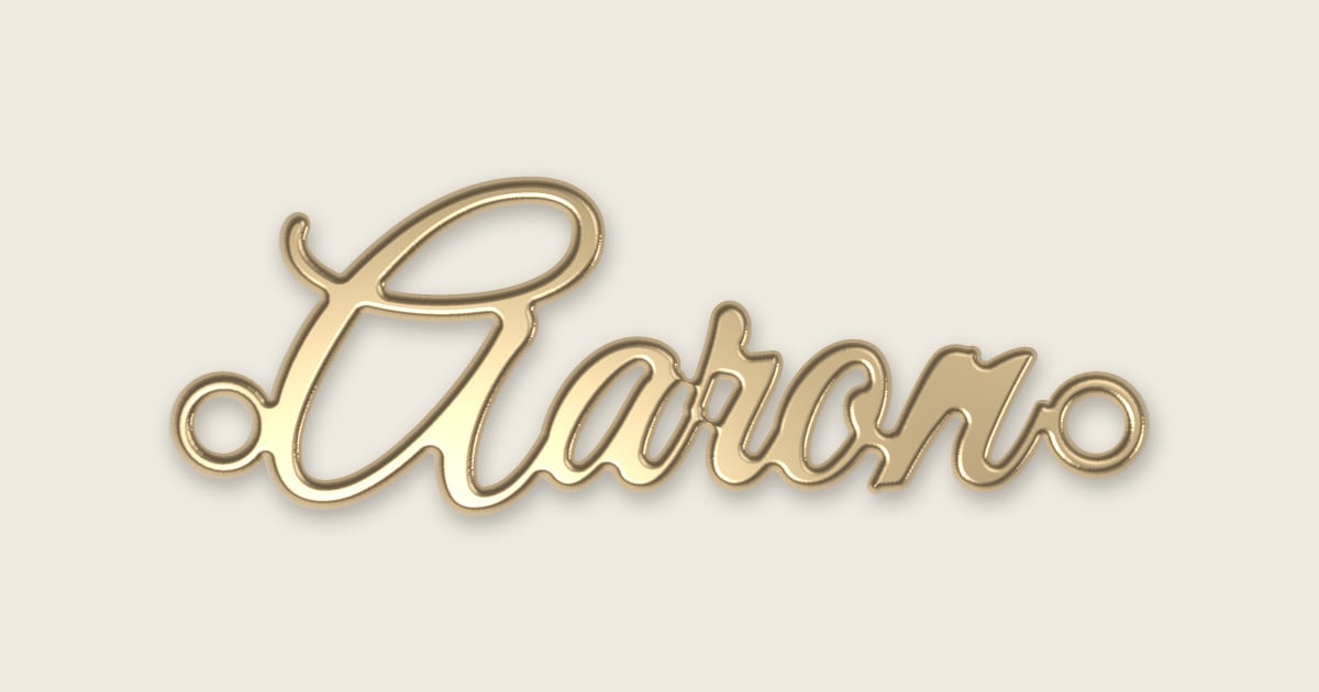 Aaron name necklace in 14k yellow gold, classic script lettering