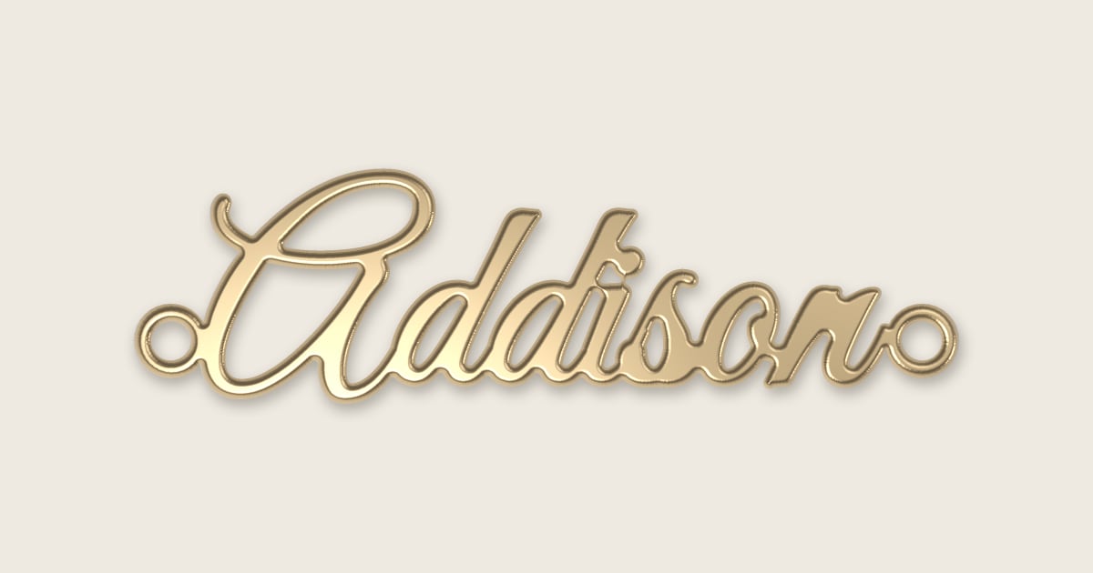 Addison name necklace in 14k yellow gold, classic script lettering