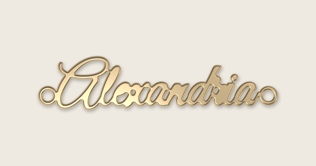 Alexandria name necklace in 14k yellow gold, classic script lettering