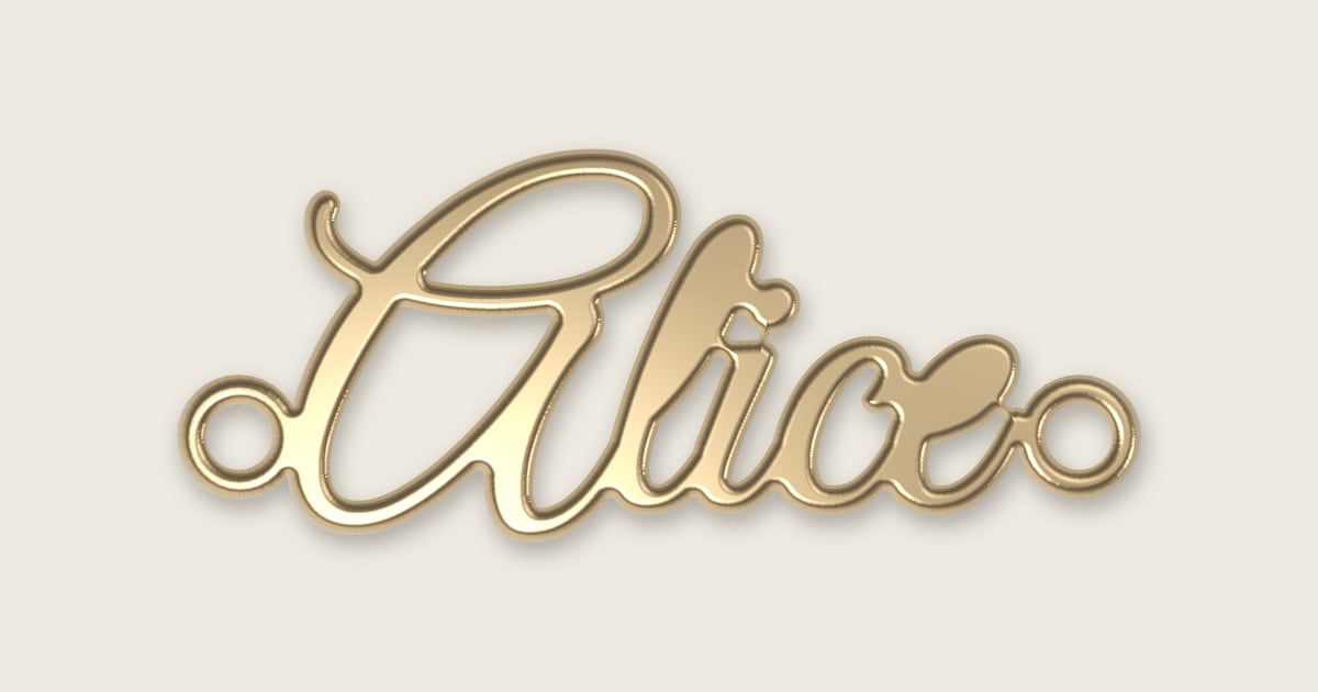 Alice name necklace in 14k yellow gold, classic script lettering