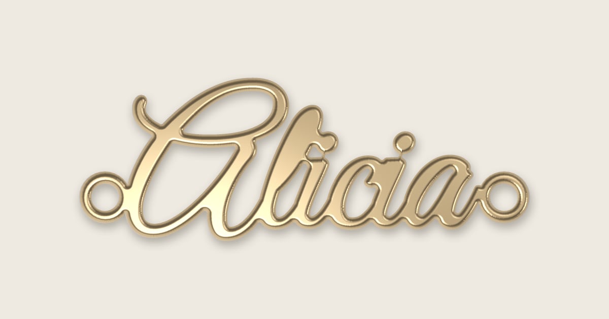 Alicia name necklace in 14k yellow gold, classic script lettering