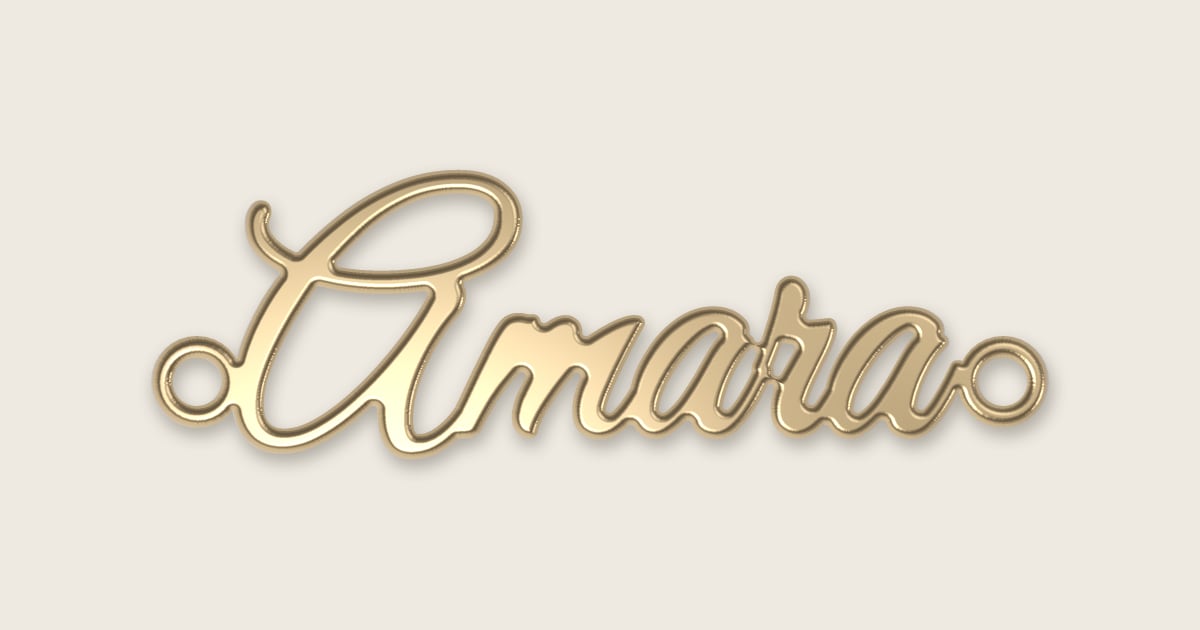 Amara name necklace in 14k yellow gold, classic script lettering