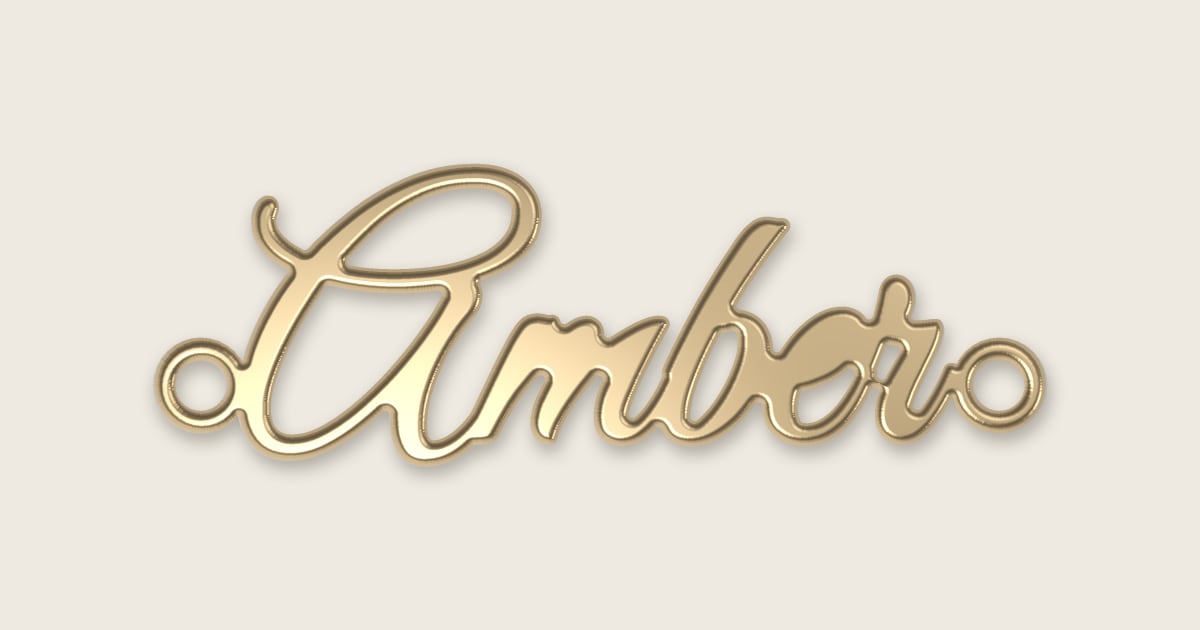 Amber name necklace in 14k yellow gold, classic script lettering