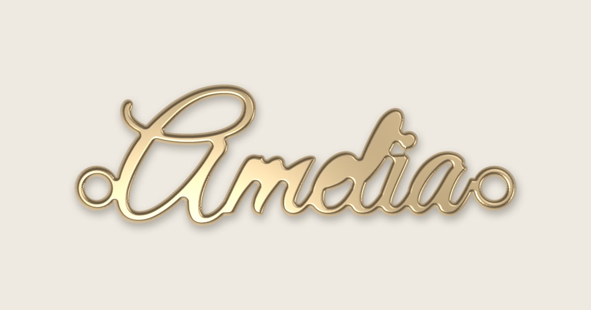 Amelia name necklace in 14k yellow gold, classic script lettering