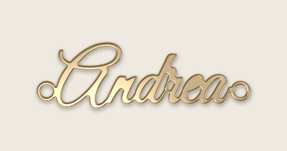 Andrea name necklace in 14k yellow gold, classic script lettering