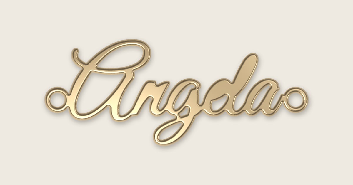 Angela name necklace in 14k yellow gold, classic script lettering