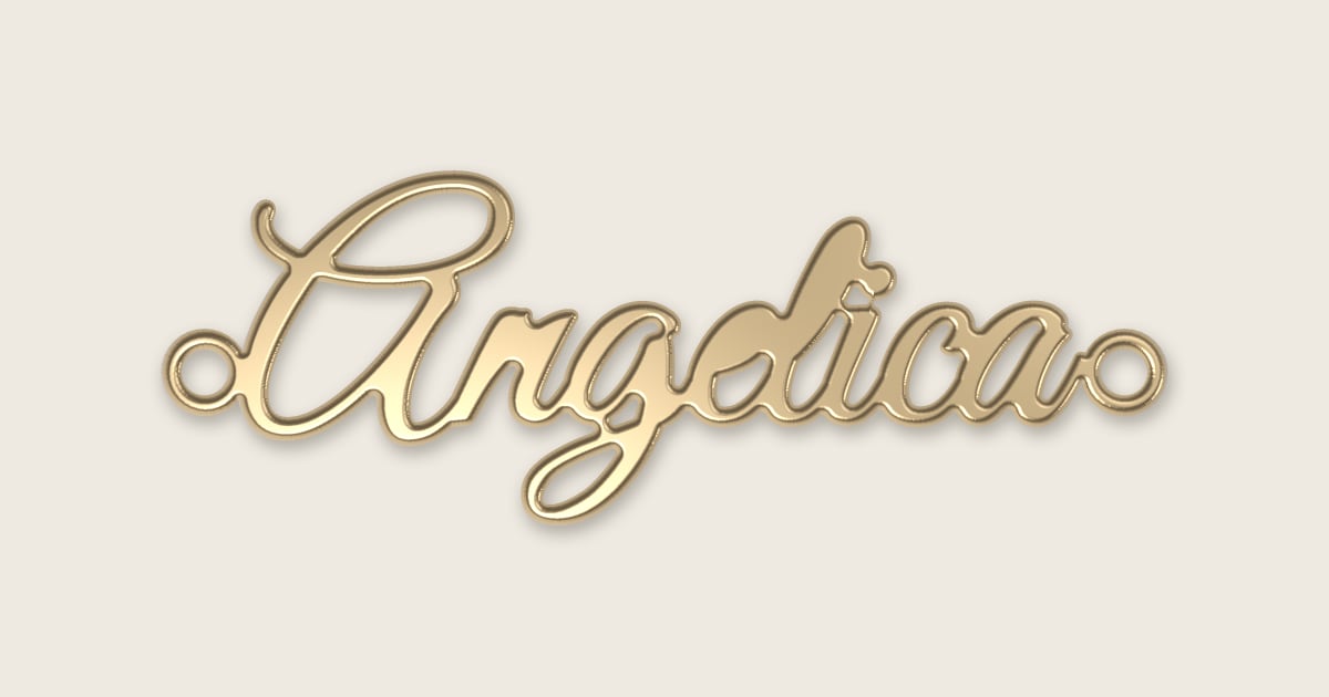 Angelica name necklace in 14k yellow gold, classic script lettering