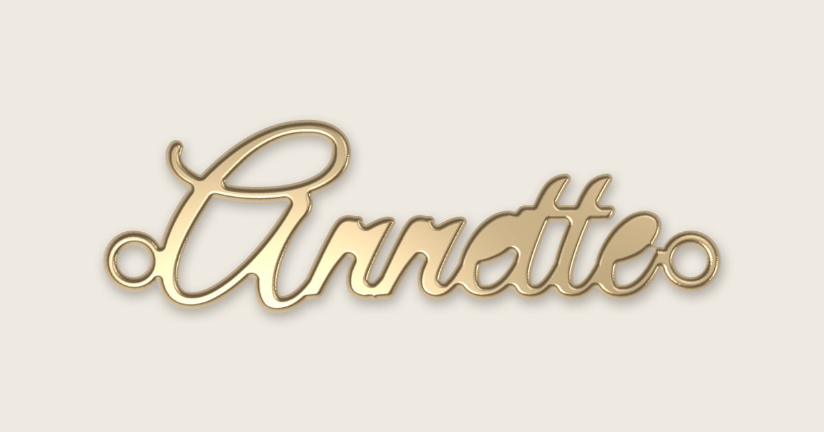 Annette name necklace in 14k yellow gold, classic script lettering