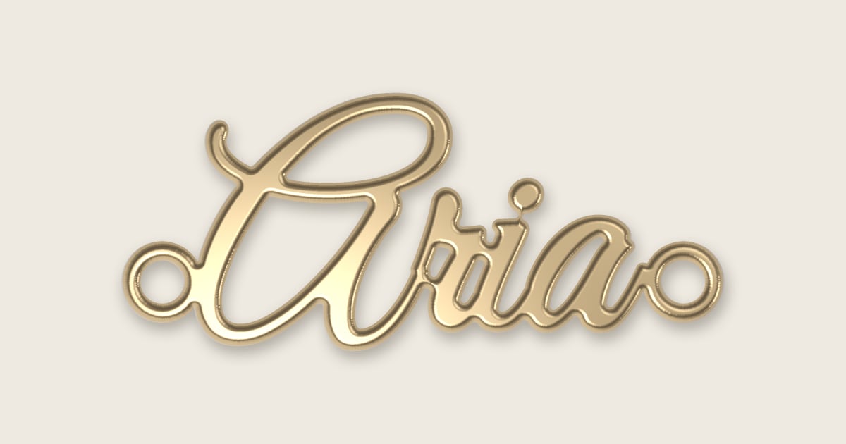 Aria name necklace in 14k yellow gold, classic script lettering