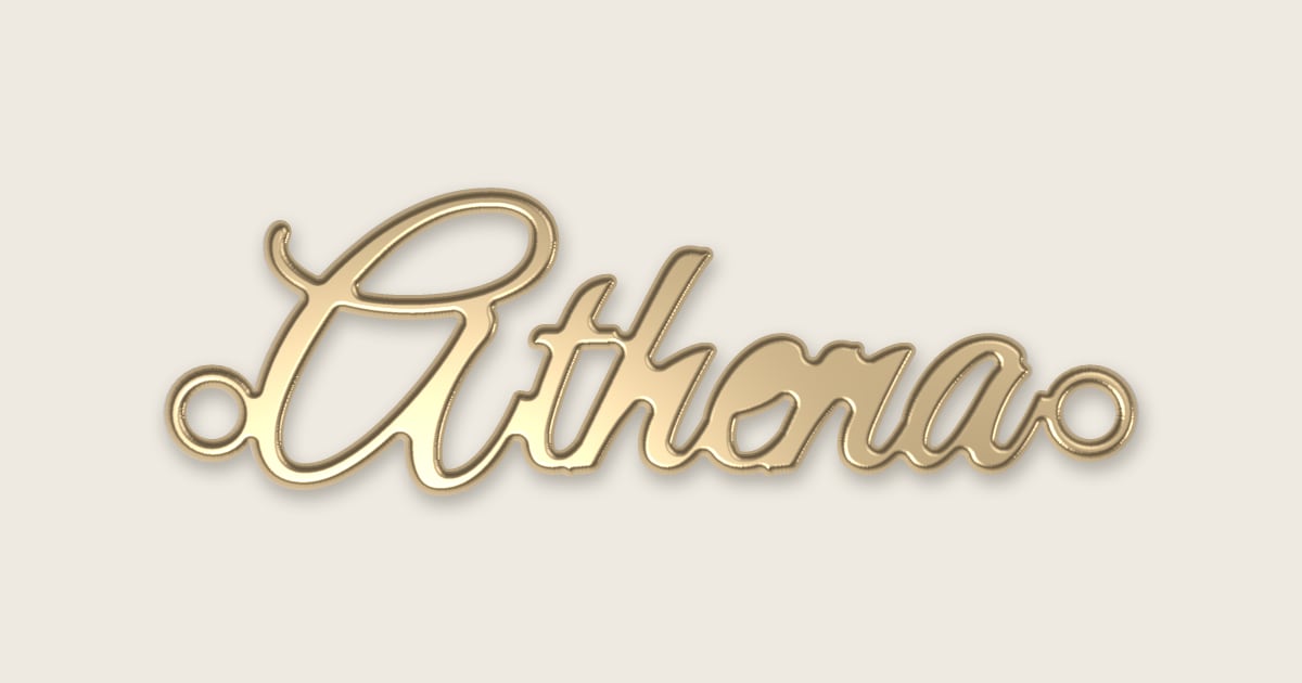 Athena name necklace in 14k yellow gold, classic script lettering