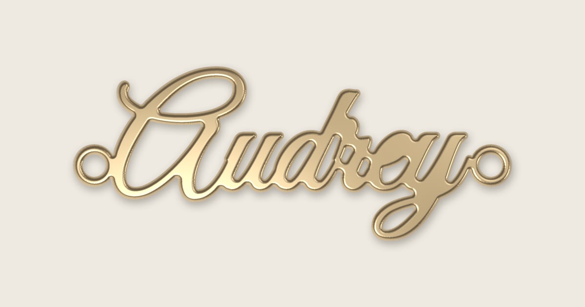 Audrey name necklace in 14k yellow gold, classic script lettering