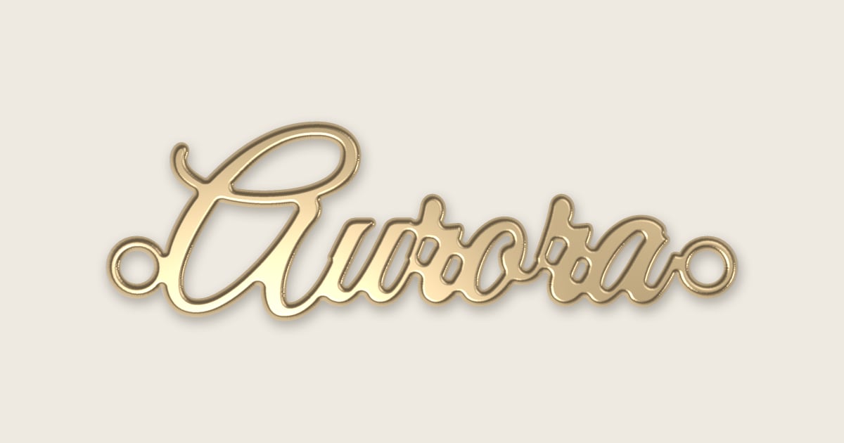 Aurora name necklace in 14k yellow gold, classic script lettering