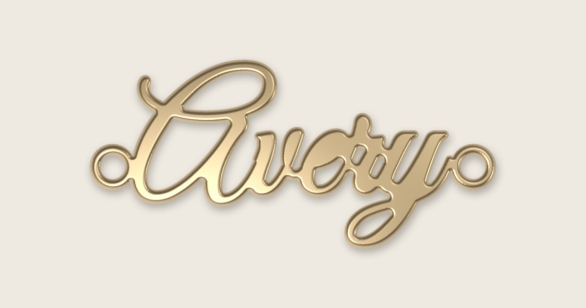 Avery name necklace in 14k yellow gold, classic script lettering