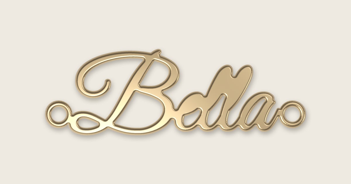 Bella name necklace in 14k yellow gold, classic script lettering
