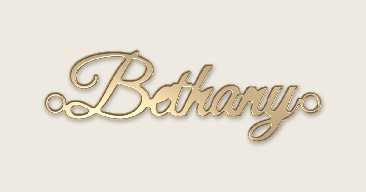 Bethany name necklace in 14k yellow gold, classic script lettering