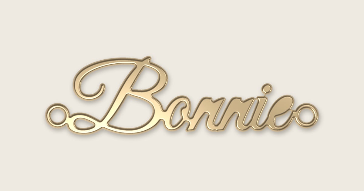 Bonnie name necklace in 14k yellow gold, classic script lettering