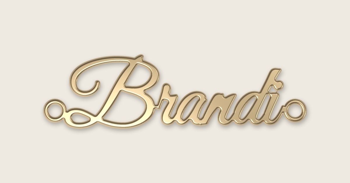 Brandi name necklace in 14k yellow gold, classic script lettering