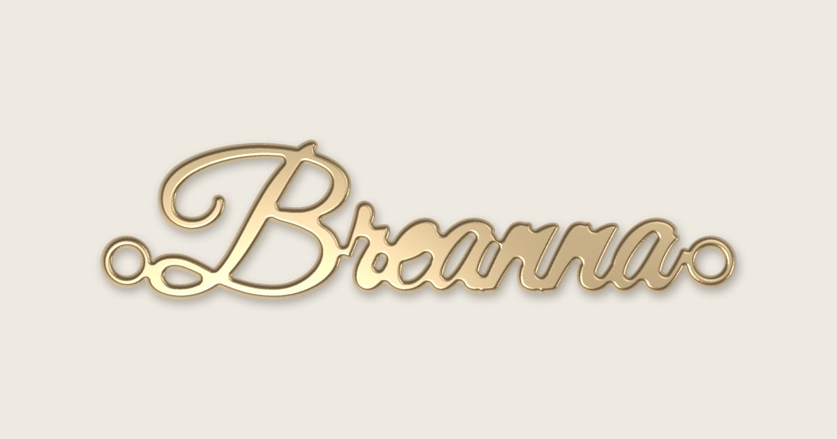 Breanna name necklace in 14k yellow gold, classic script lettering