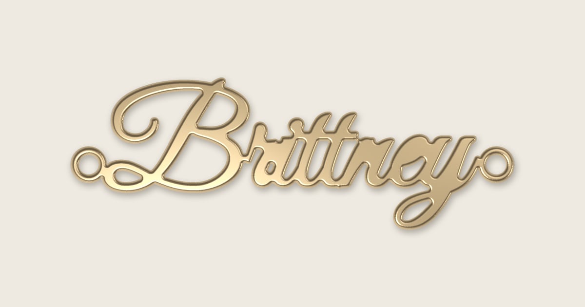 Brittney name necklace in 14k yellow gold, classic script lettering