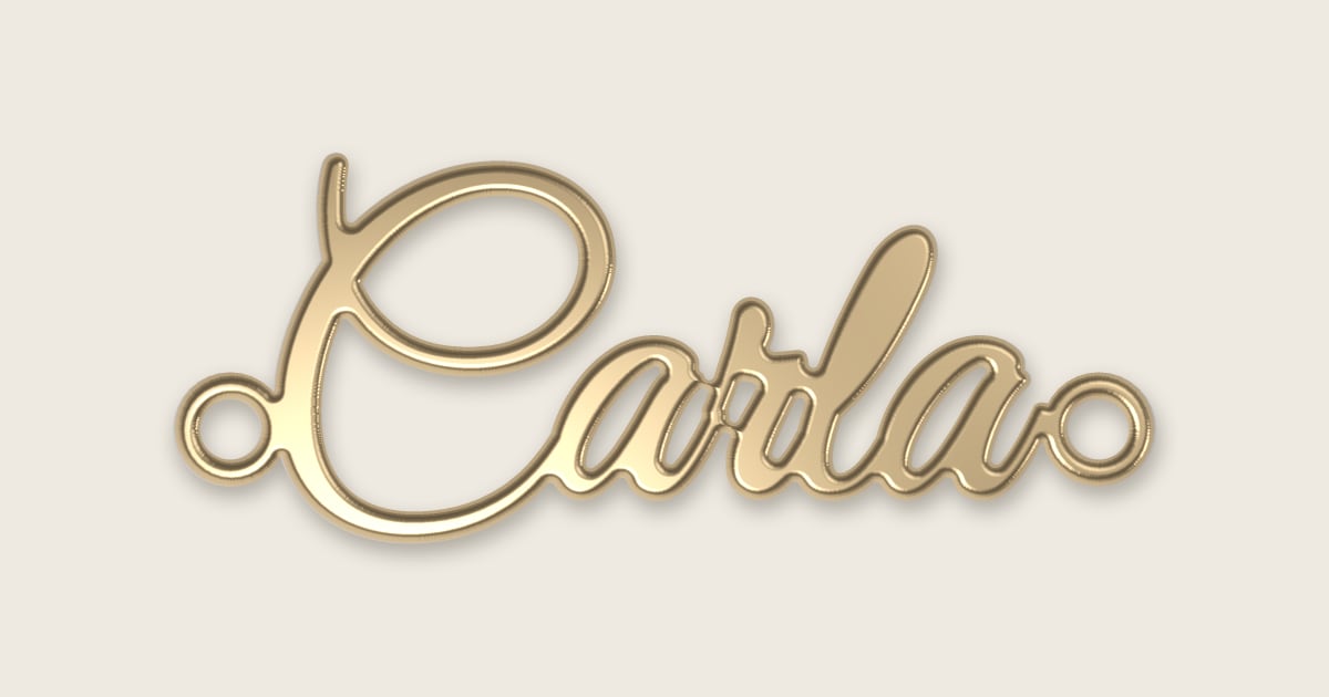 Carla name necklace in 14k yellow gold, classic script lettering