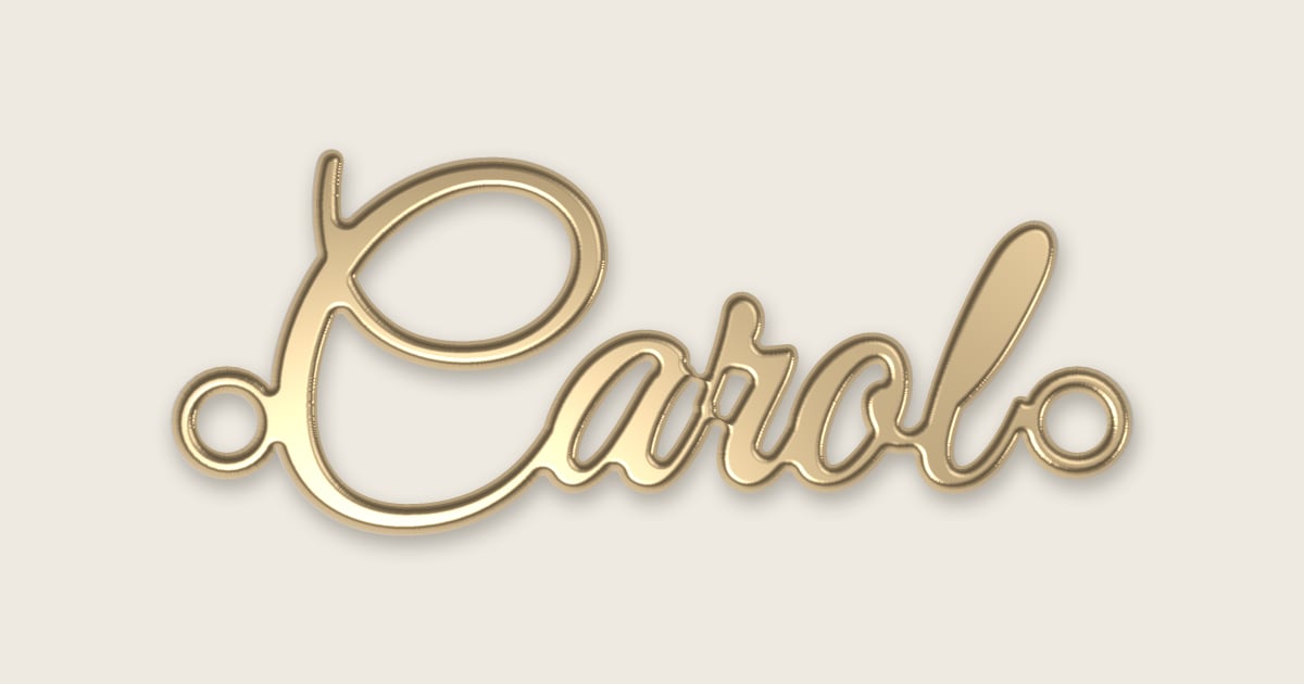 Carol name necklace in 14k yellow gold, classic script lettering