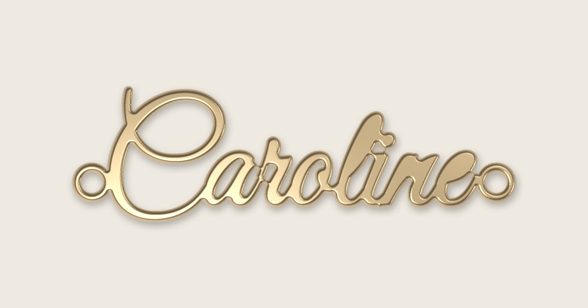 Caroline name necklace in 14k yellow gold, classic script lettering