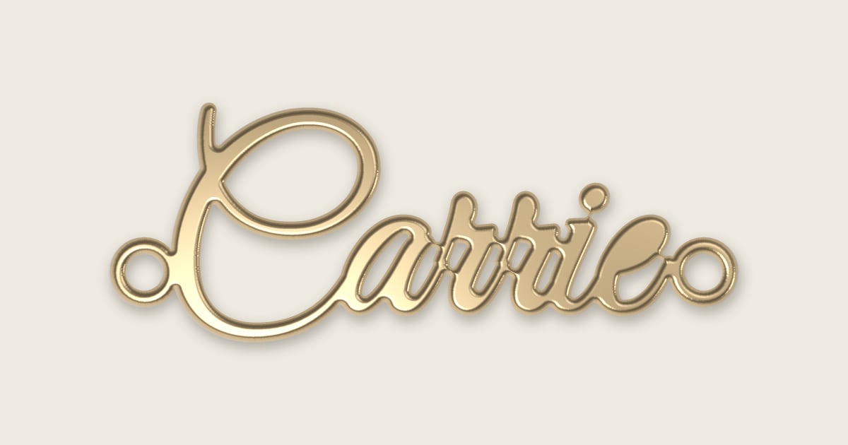 Carrie name necklace in 14k yellow gold, classic script lettering
