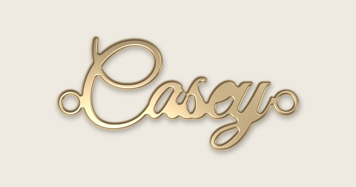 Casey name necklace in 14k yellow gold, classic script lettering
