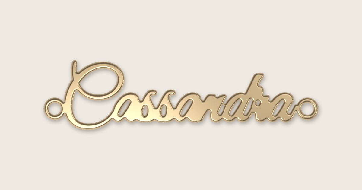 Cassandra name necklace in 14k yellow gold, classic script lettering