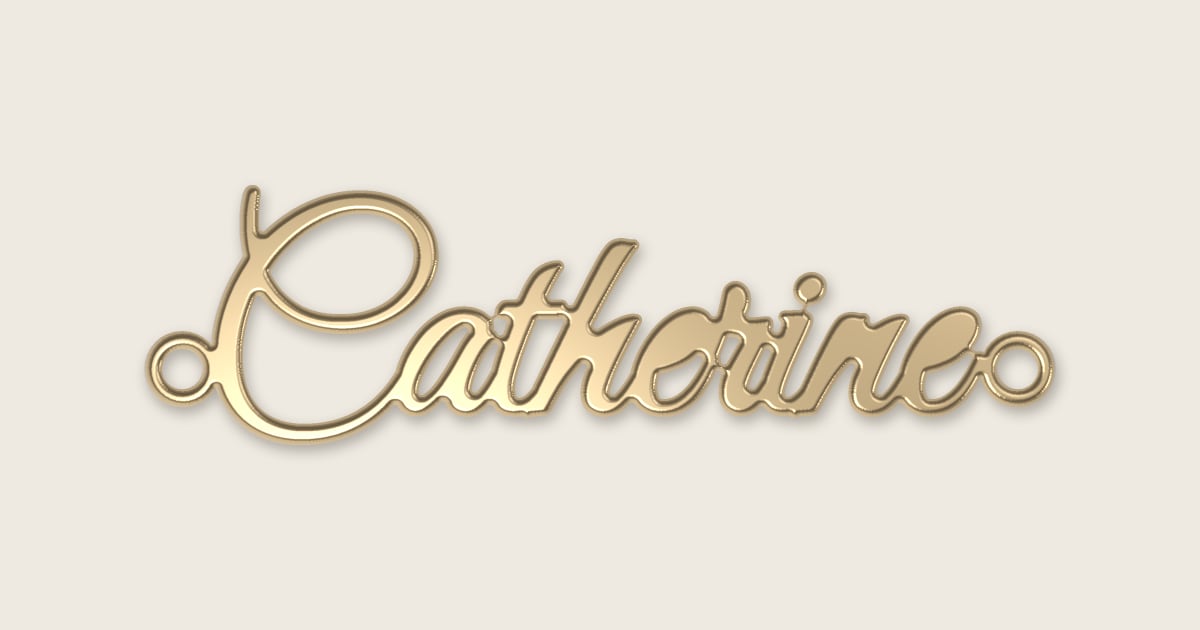 Catherine name necklace in 14k yellow gold, classic script lettering
