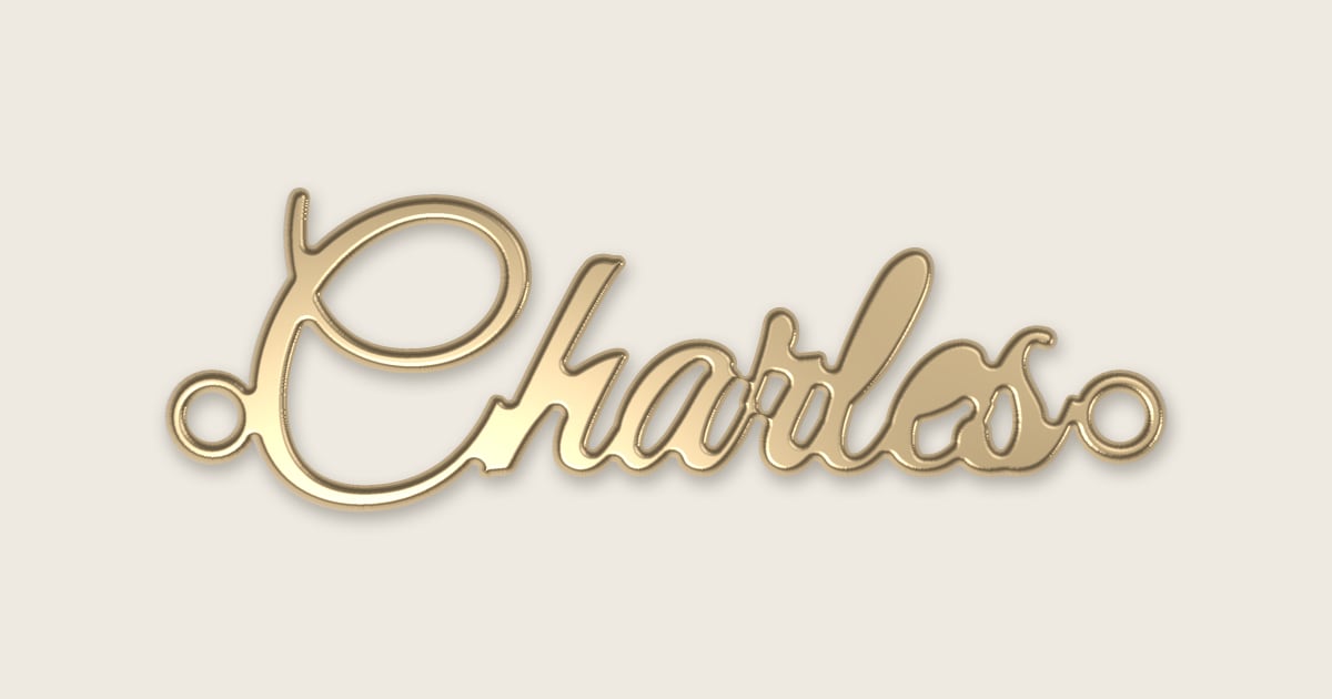 Charles name necklace in 14k yellow gold, classic script lettering