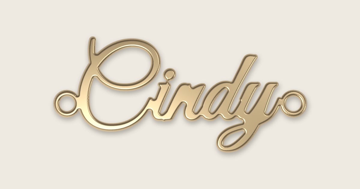 Cindy name necklace in 14k yellow gold, classic script lettering
