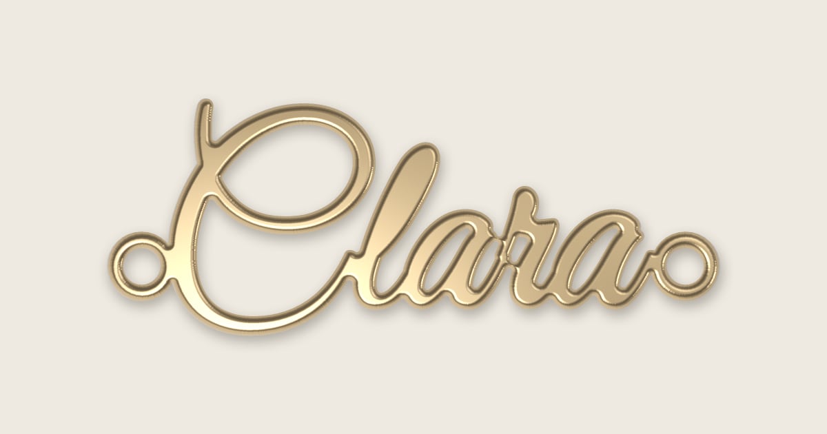Clara name necklace in 14k yellow gold, classic script lettering