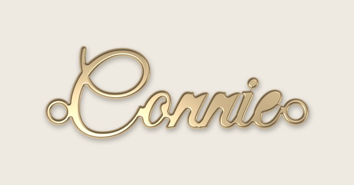 Connie name necklace in 14k yellow gold, classic script lettering