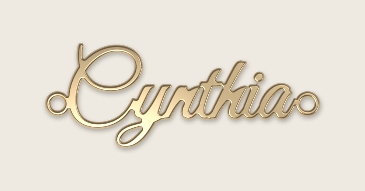 Cynthia name necklace in 14k yellow gold, classic script lettering