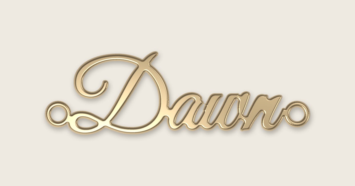 Dawn name necklace in 14k yellow gold, classic script lettering