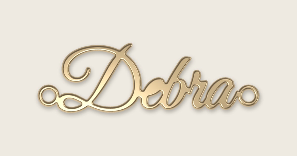 Debra name necklace in 14k yellow gold, classic script lettering