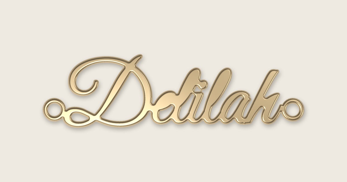 Delilah name necklace in 14k yellow gold, classic script lettering