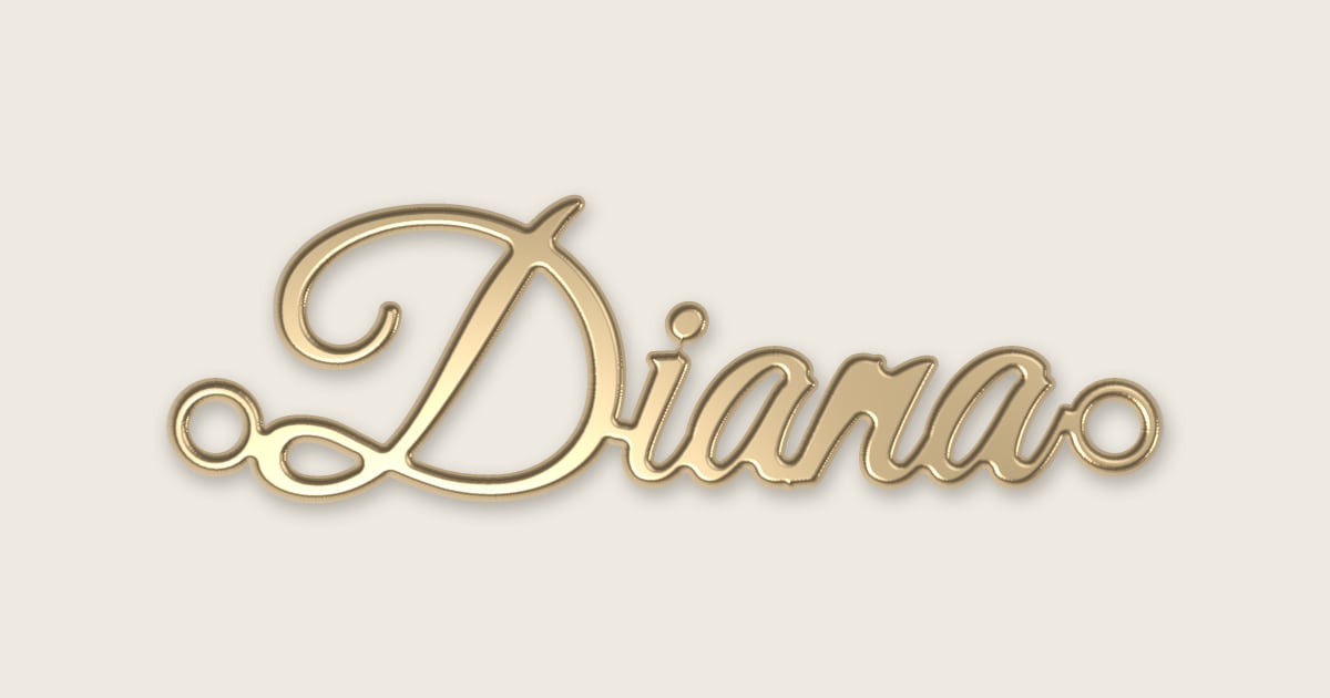 Diana name necklace in 14k yellow gold, classic script lettering