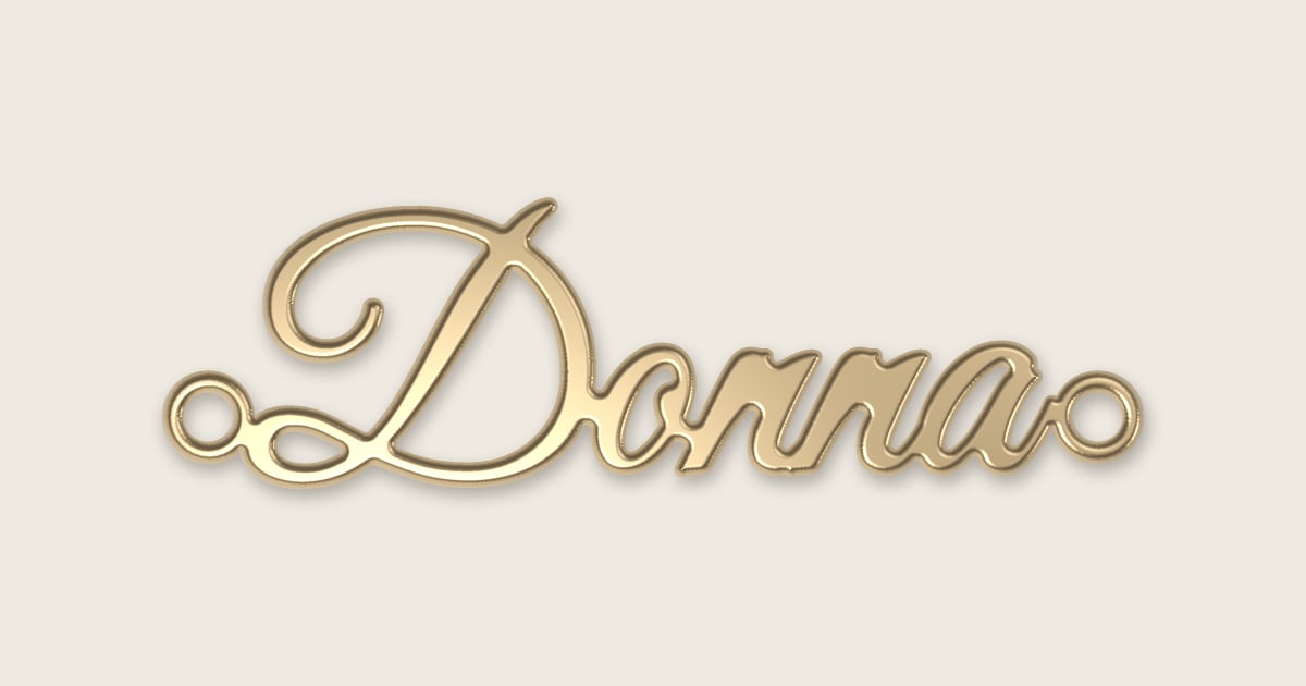 Donna name necklace in 14k yellow gold, classic script lettering