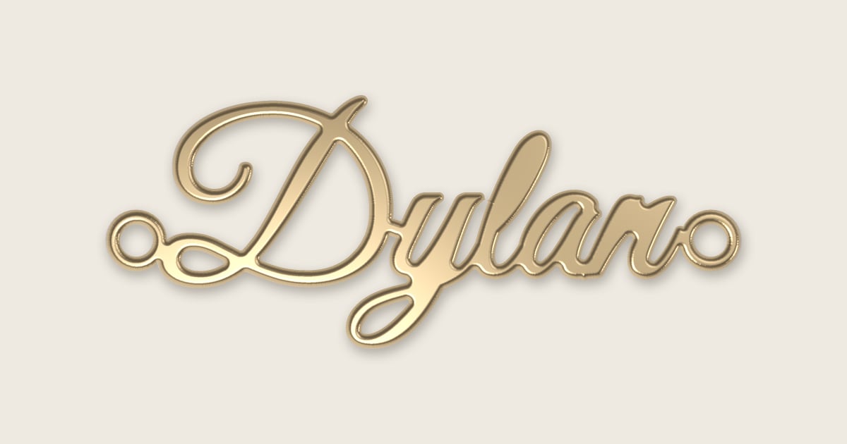 Dylan name necklace in 14k yellow gold, classic script lettering