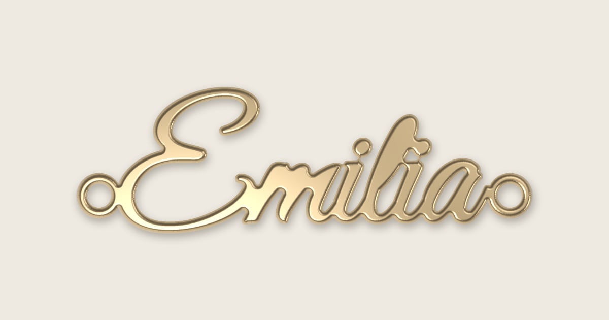 Emilia name necklace in 14k yellow gold, classic script lettering
