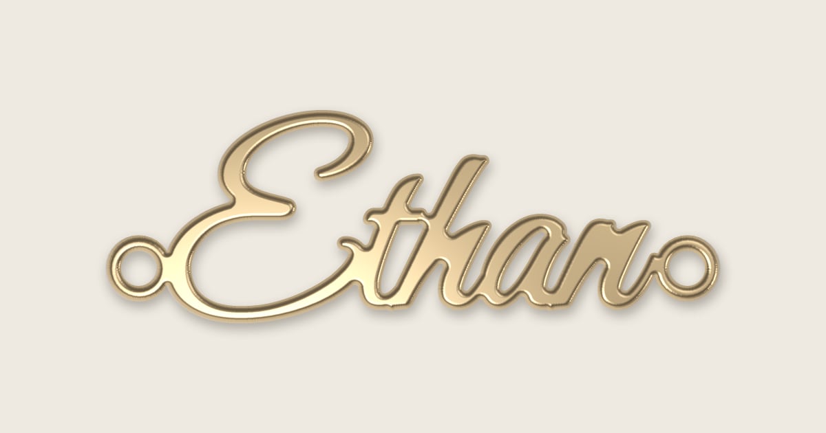 Ethan name necklace in 14k yellow gold, classic script lettering