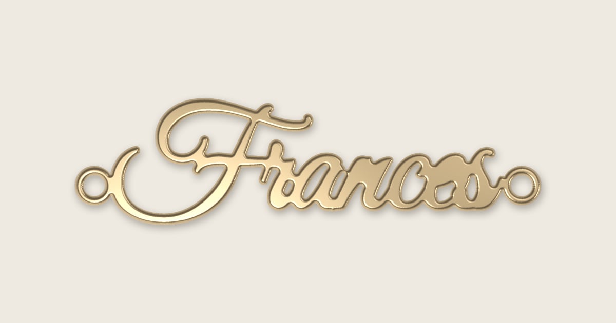 Frances name necklace in 14k yellow gold, classic script lettering