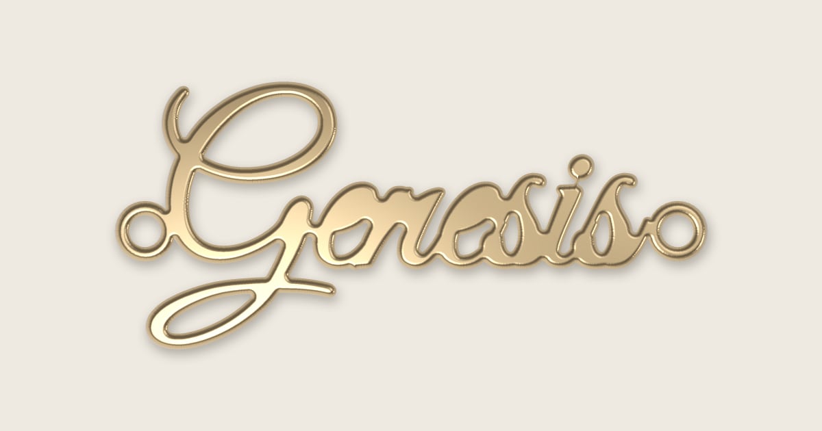 Genesis name necklace in 14k yellow gold, classic script lettering