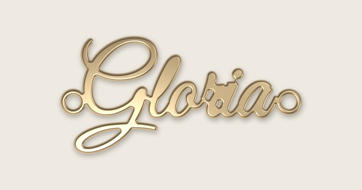 Gloria name necklace in 14k yellow gold, classic script lettering