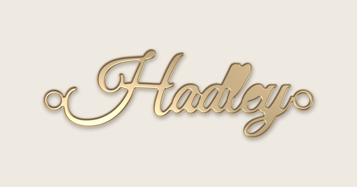 Hadley name necklace in 14k yellow gold, classic script lettering