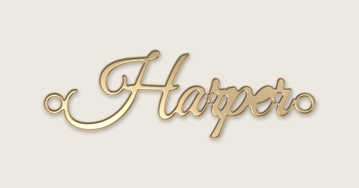 Harper name necklace in 14k yellow gold, classic script lettering