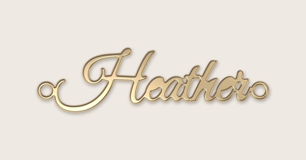 Heather name necklace in 14k yellow gold, classic script lettering